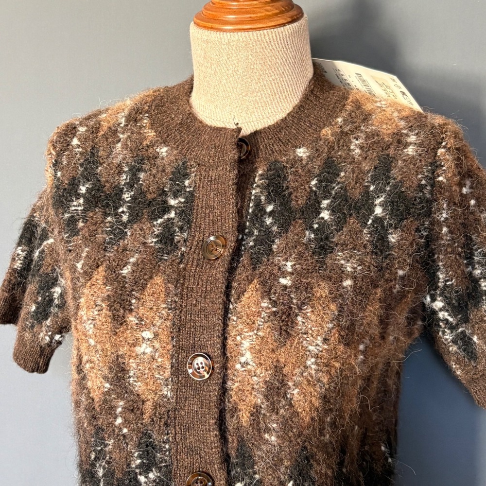 Zara Brown Argyle Fuzzy Knit Short Sleeve Cardigan | Size Small | Wool Blend